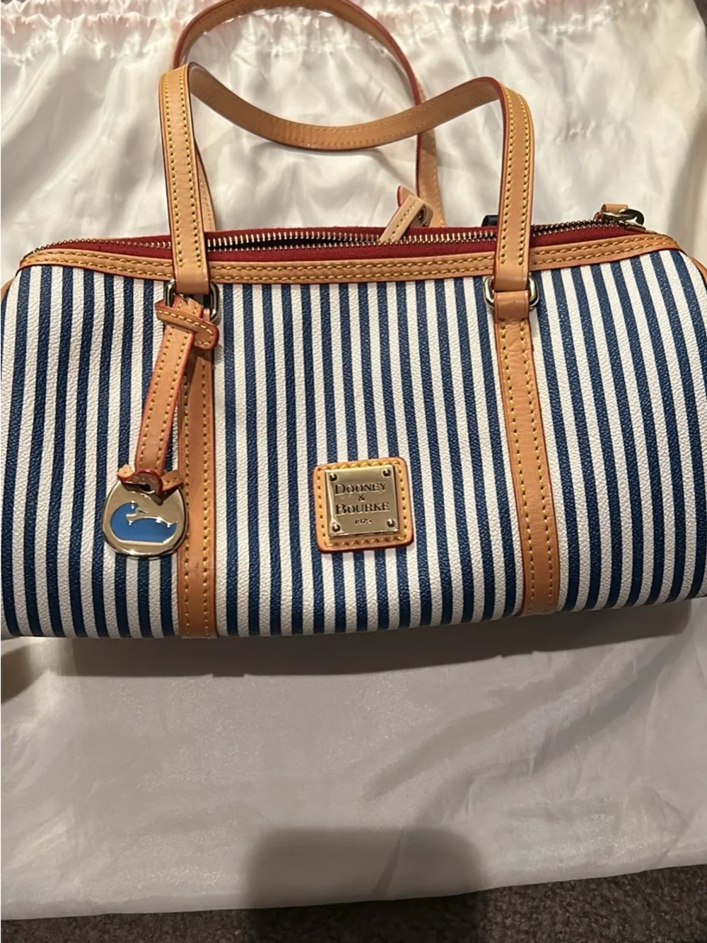 Dooney & Bourke Blue and White Striped Satchel with Tan Trim